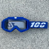 Blue heavy-duty motorcycle and ATV goggles with a white 100 logo on the strap