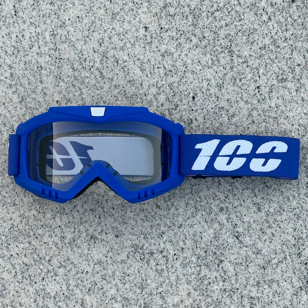 Blue heavy-duty motorcycle and ATV goggles with a white 100 logo on the strap