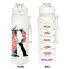 Front and back views of a white insulated straw tumbler featuring a large letter R design