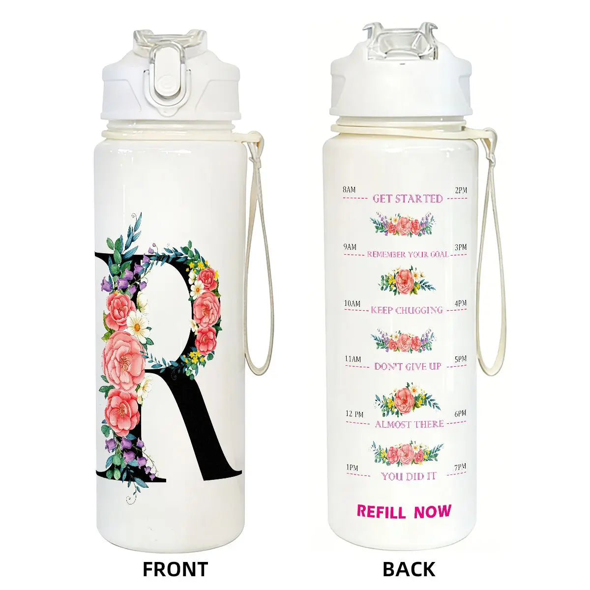 Front and back views of a white insulated straw tumbler featuring a large letter R design
