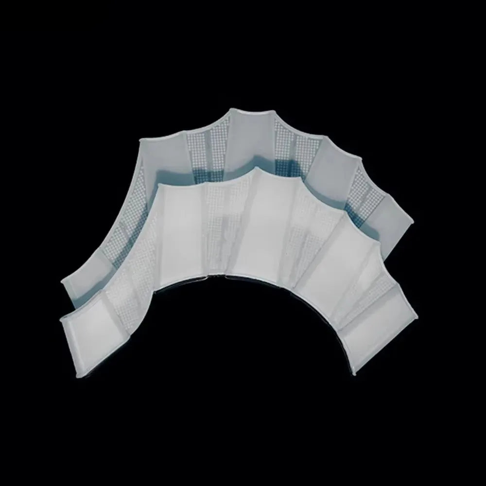 A set of white silicone swim training flippers arranged in a fan shape.