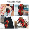 A red and black patterned fabric pouch designed to hold eyeglasses, shown in various contexts.