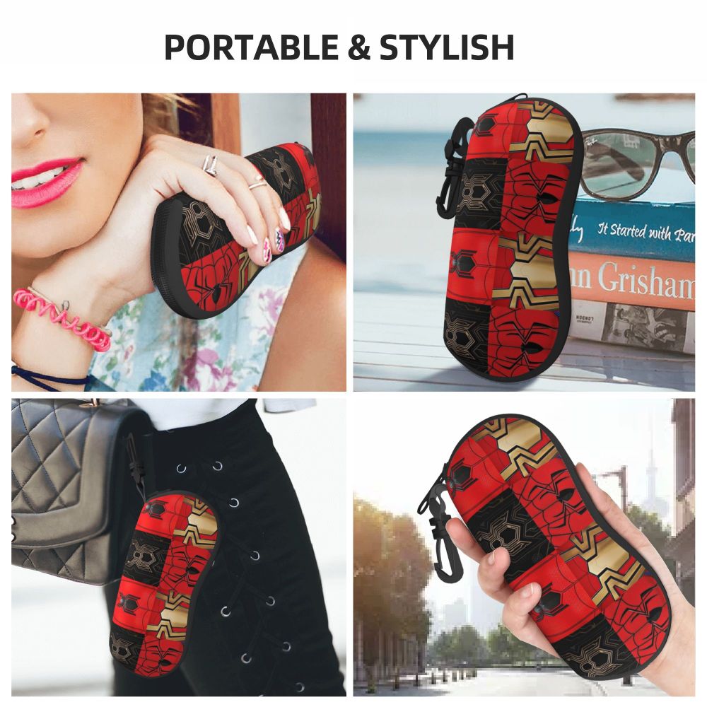 A red and black patterned fabric pouch designed to hold eyeglasses, shown in various contexts.