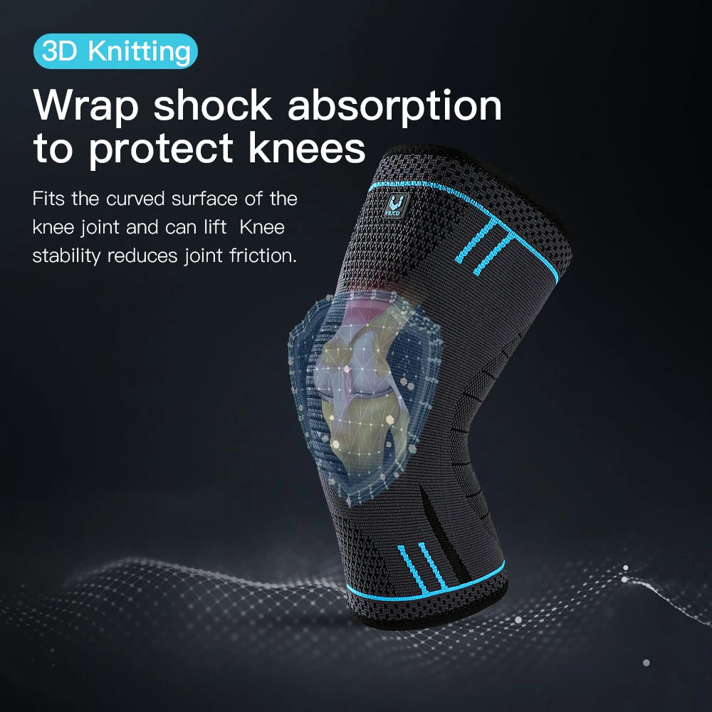 A black 3D knitted compression knee support sleeve is shown protecting a knee joint.