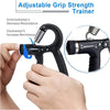 A hand is gripping an adjustable grip strength trainer, demonstrating how to decrease or increase resistance.