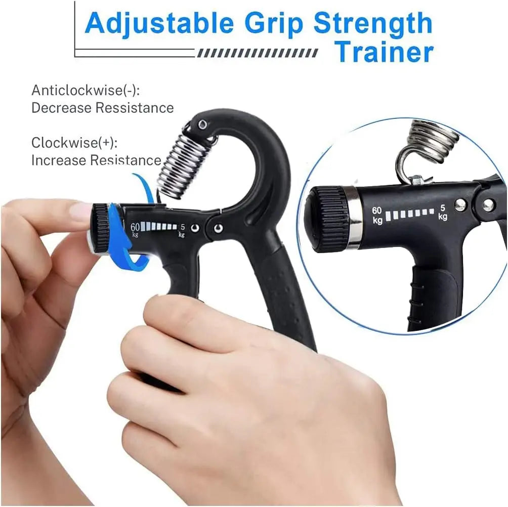 A hand is gripping an adjustable grip strength trainer, demonstrating how to decrease or increase resistance.