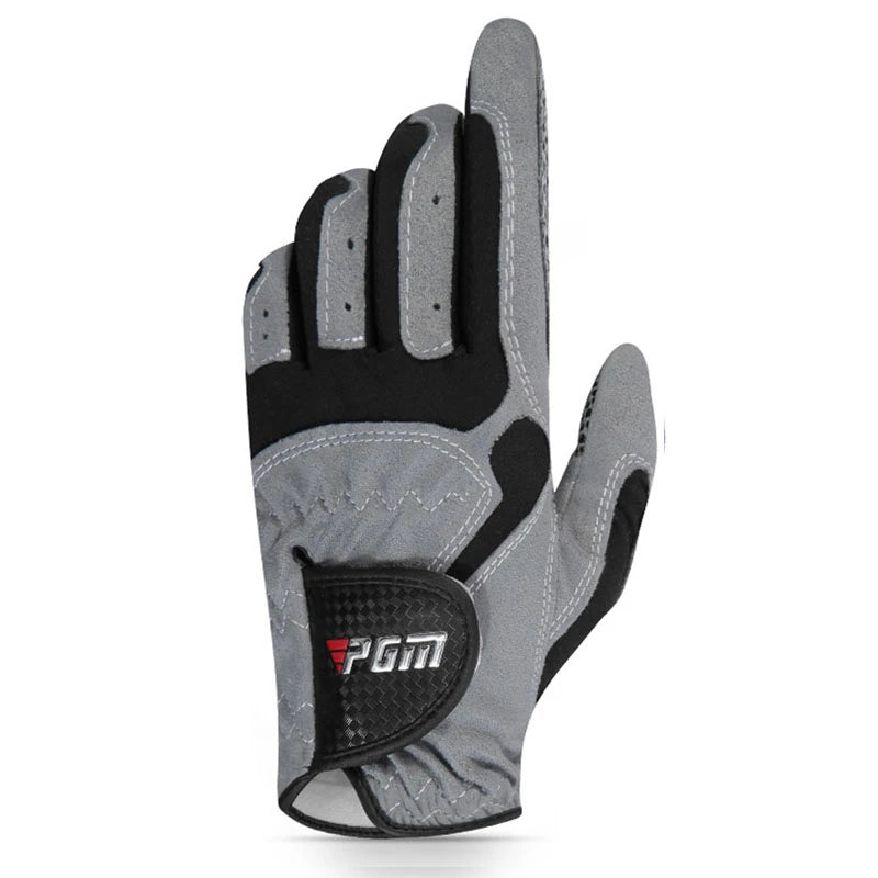 A gray and black breathable microfiber golf and sports glove shown from the palm side.