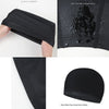 Black waterproof swim cap shown in various angles highlighting elastic comfort and soft texture details