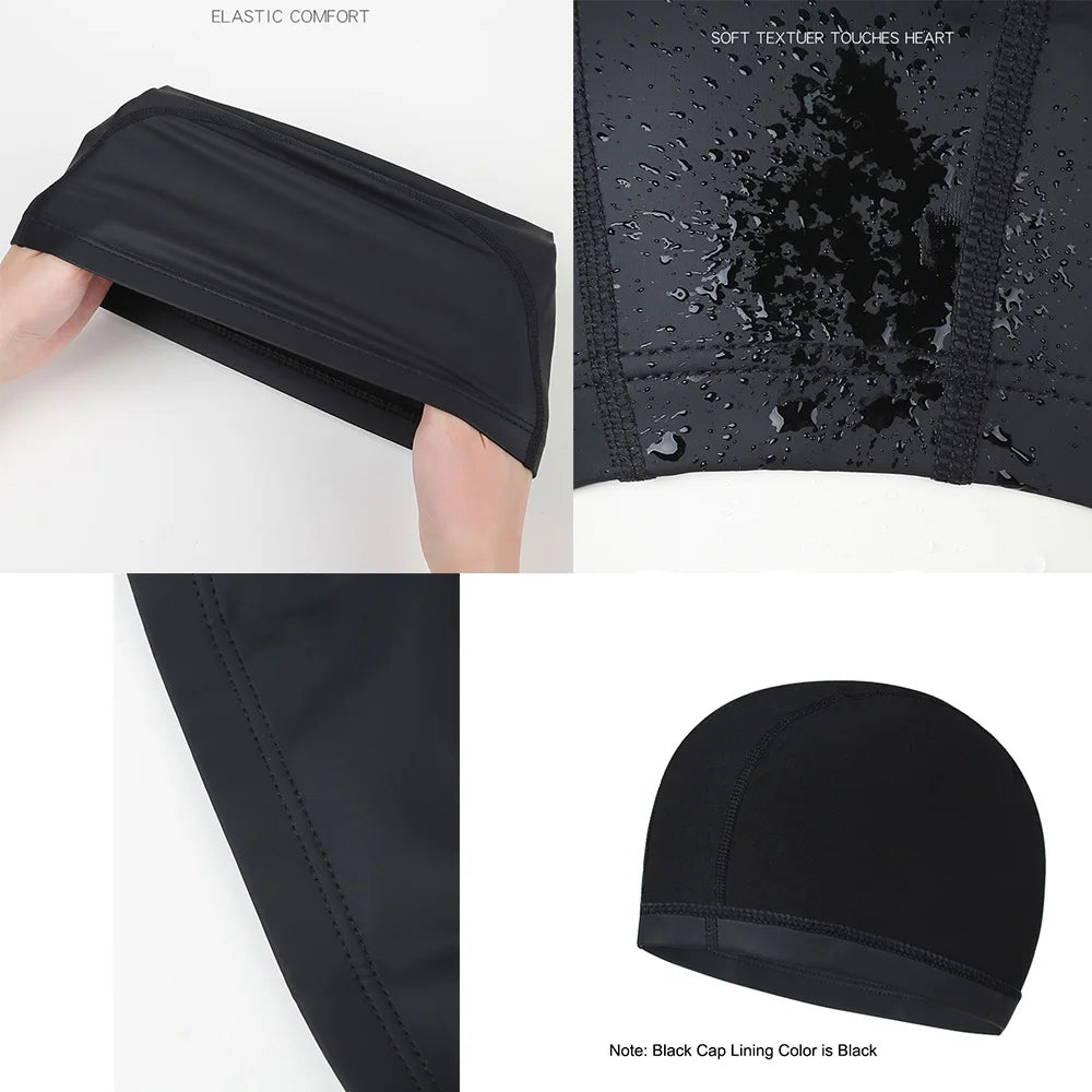 Black waterproof swim cap shown in various angles highlighting elastic comfort and soft texture details