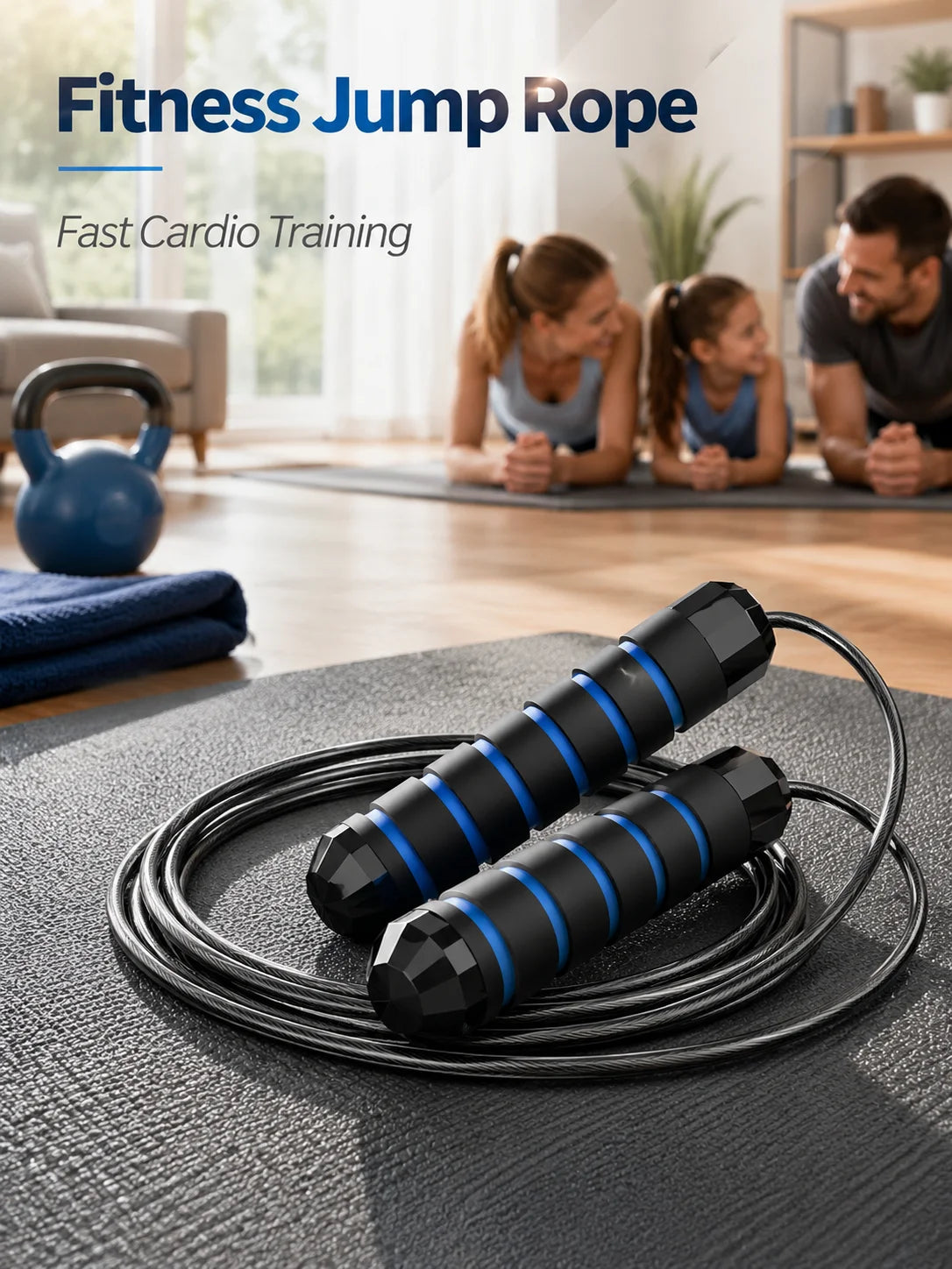 A black adjustable weighted speed jump rope is laid out on a dark mat with coiled ropes visible.
