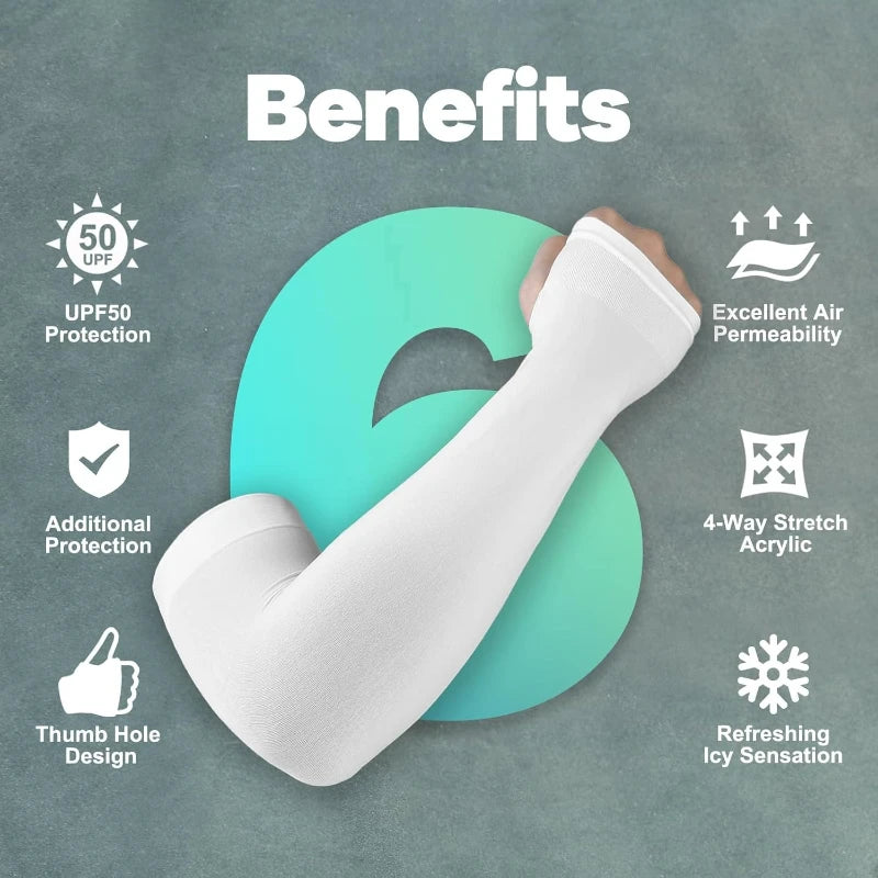 Benefits of UV protection arm sleeves including UPF50 protection, air permeability, 4-way stretch acrylic, and thumb hole des