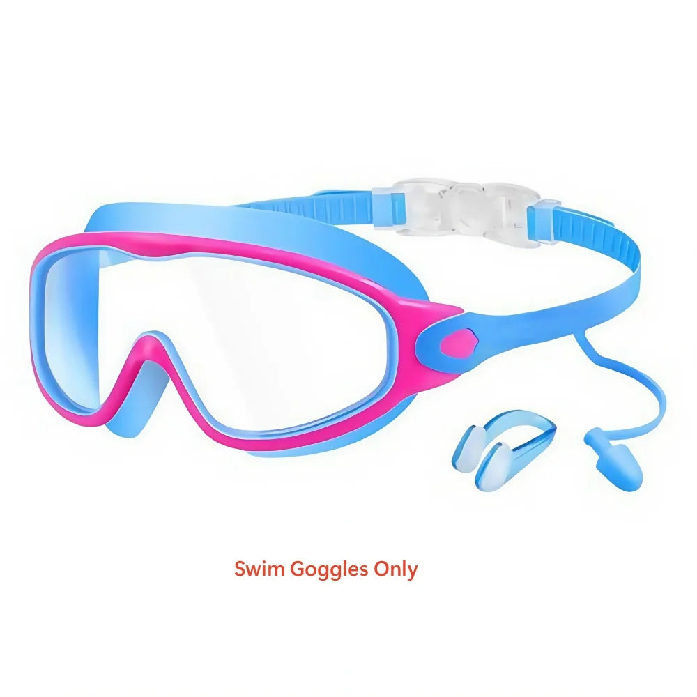Pink and blue kids swim goggles with nose clips and earplugs shown against a white background