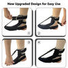 Four views of a black night splint sock with adjustable straps for foot pain relief