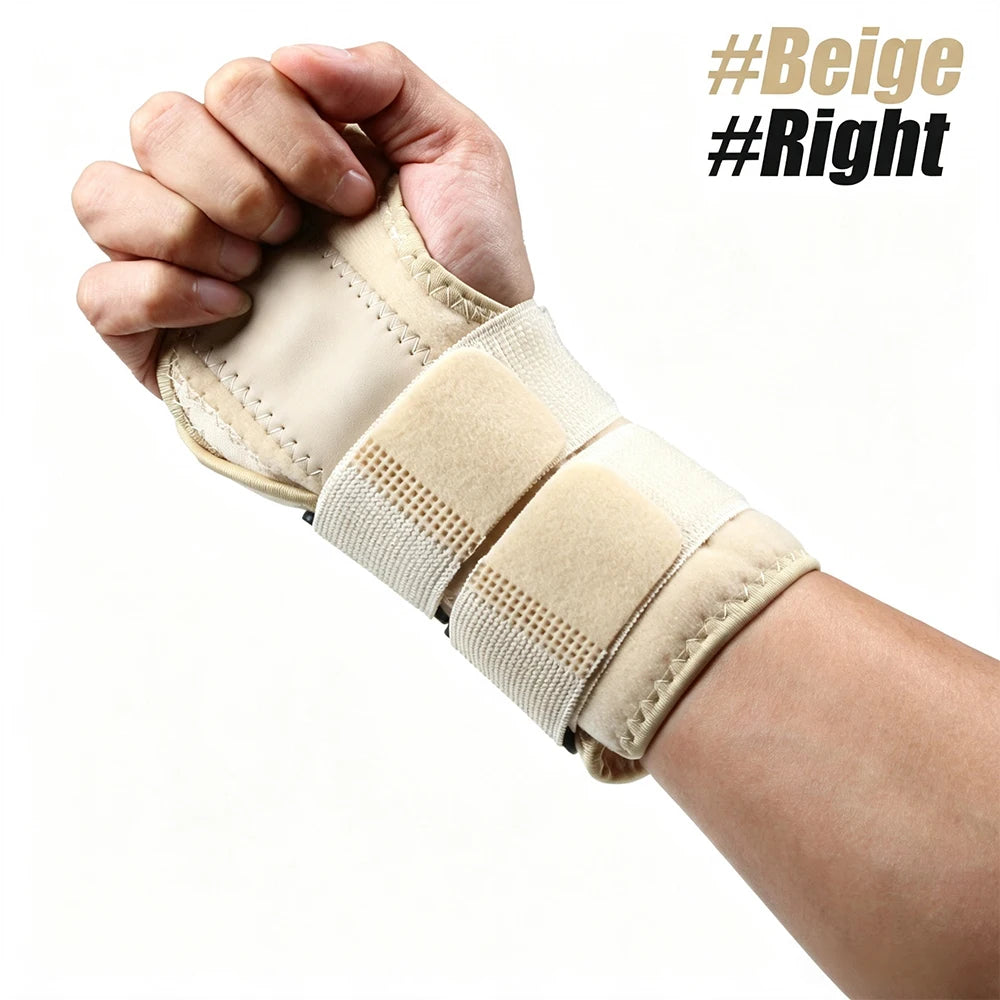 A hand is holding a beige supportive wrist splint for pain relief.
