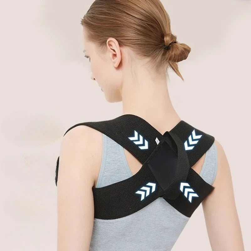 A woman wearing a black elastic support belt on her shoulder, demonstrating the fitness product.
