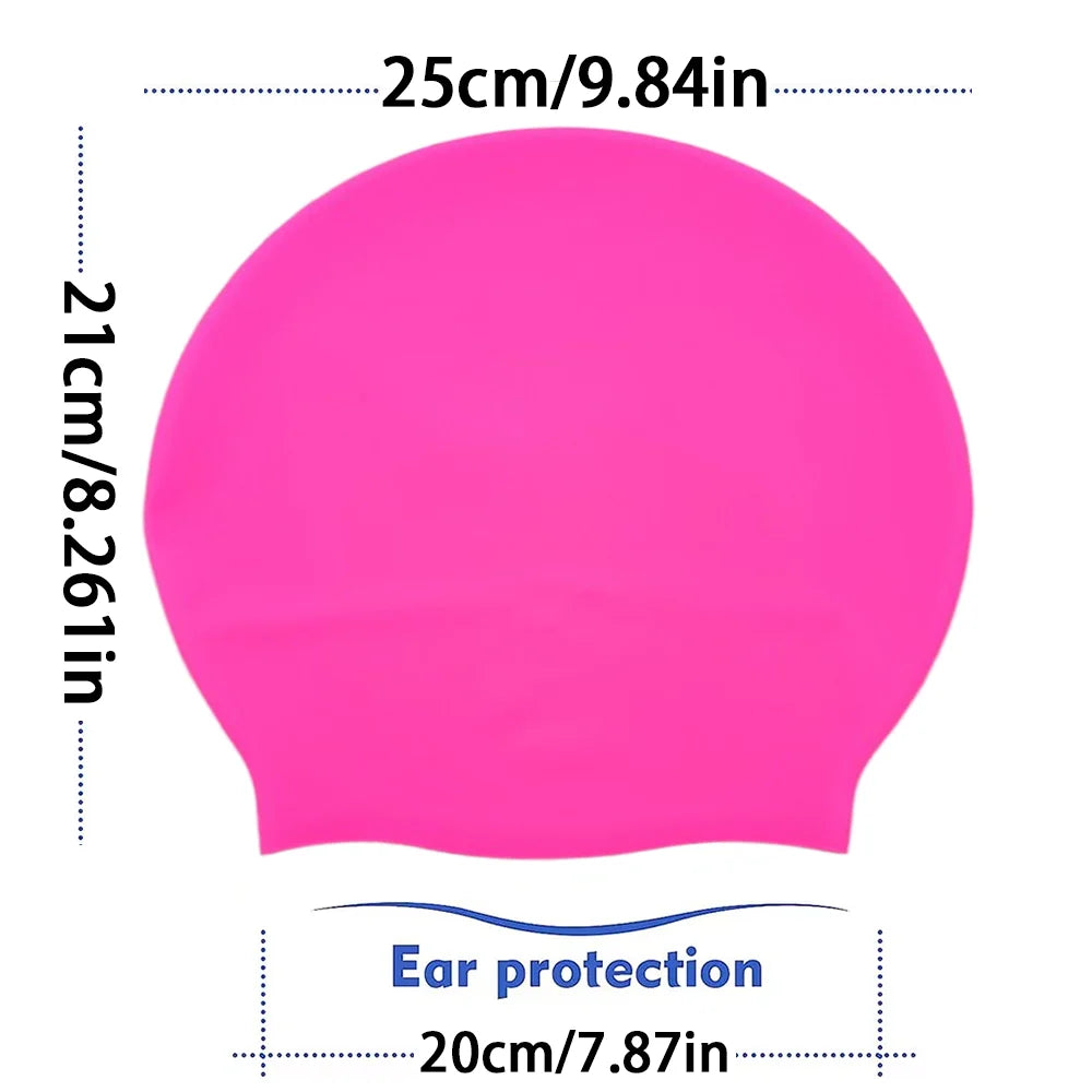 Pink silicone swimming cap measuring 25cm wide and 21cm tall for ear protection