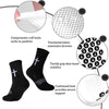 Diagram showing features of sports socks including compression cuffs, ventilated fabric, tactile grip dots, and cushioned hee