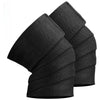 A pair of black high-performance knee wraps for strength training, shown from the side.