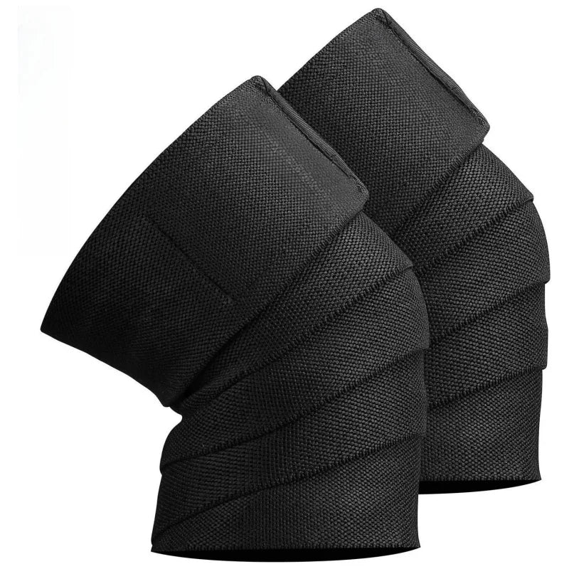 A pair of black high-performance knee wraps for strength training, shown from the side.