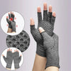 Gray compression gloves for hand and wrist, shown with close-ups of the product texture and fit.
