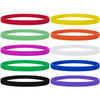 A collection of nine colored silicone wristbands in various bright and dark colors.