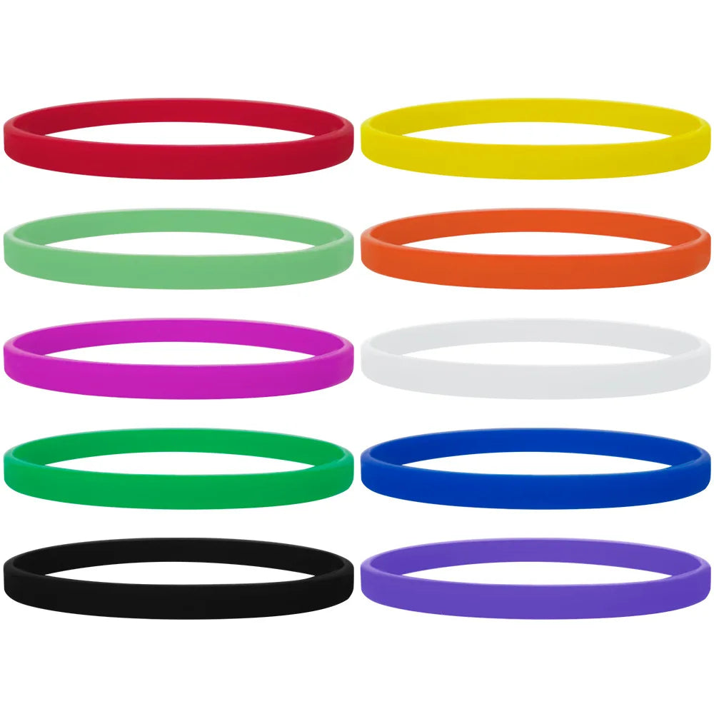 A collection of nine colored silicone wristbands in various bright and dark colors.