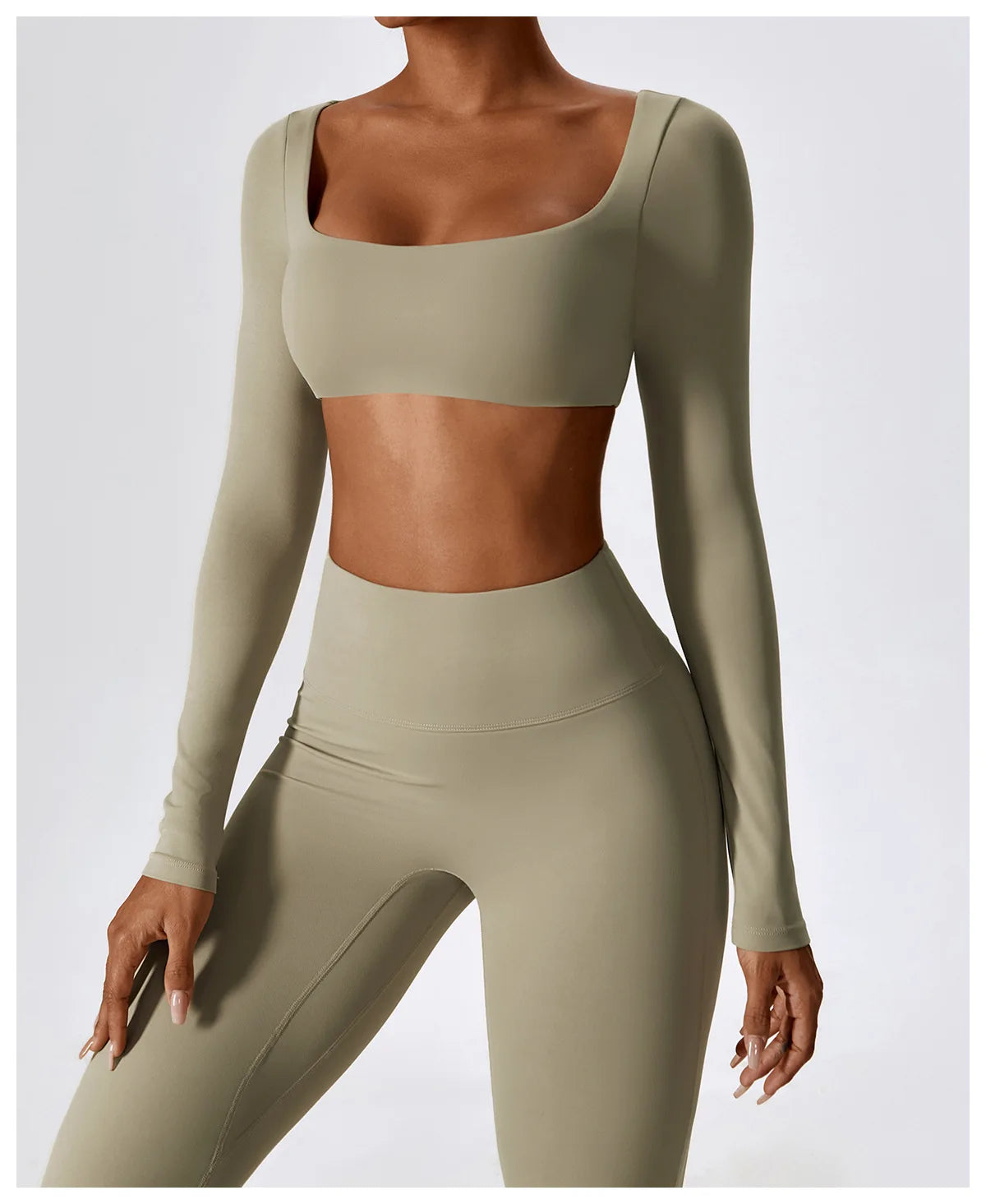 A model wears a seamless olive green long-sleeve top and matching leggings from a women's performance tracksuit set.
