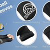 Black volleyball arm sleeves featuring forearm padding, thumb hole design, non-slip stripes, and reinforced stitching.