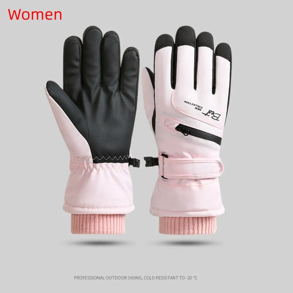 A pair of pink thermal winter ski and riding gloves with black accents shown against a gray background.