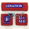 Two red cotton sports wristbands embroidered with the word CENATION and a logo that says US ME