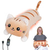 A plush cat-shaped heating pad with a remote control and a person holding the product.