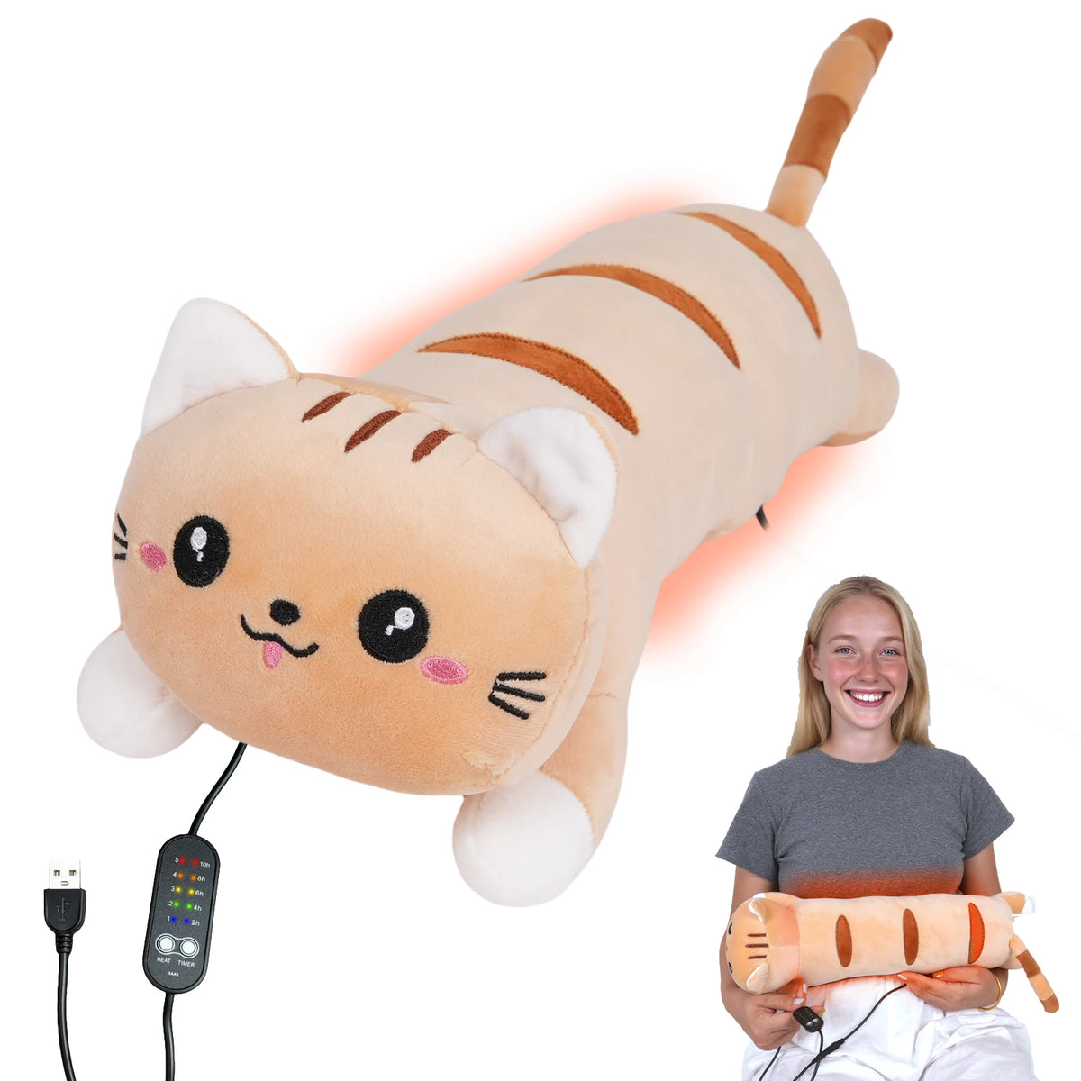A plush cat-shaped heating pad with a remote control and a person holding the product.