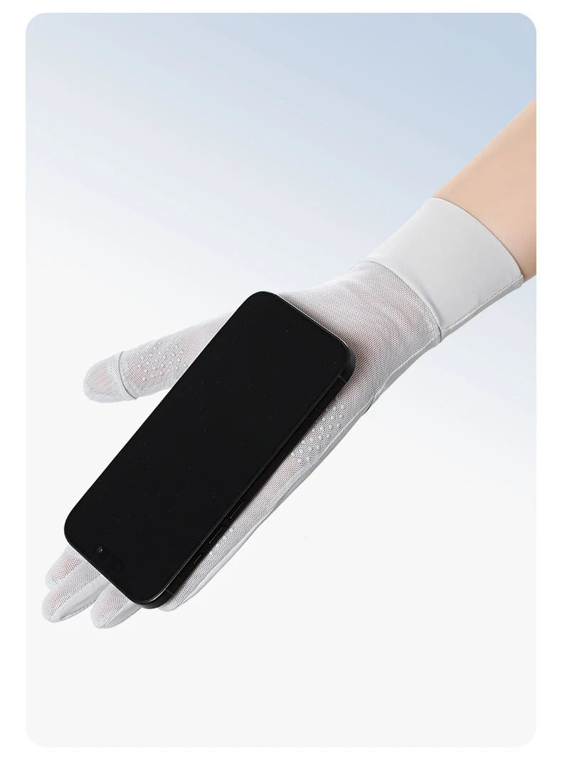 Black smartphone held by a hand wearing white UV protection ice silk driving and cycling gloves