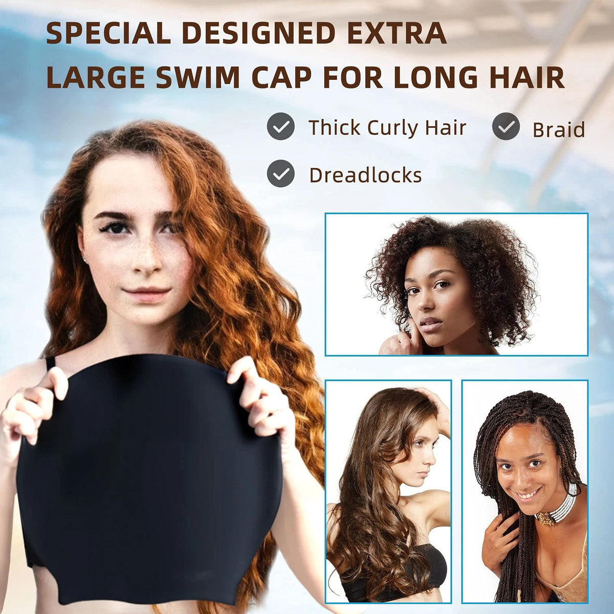 A woman shows a black silicone swim cap designed for long, curly hair and dreadlocks.