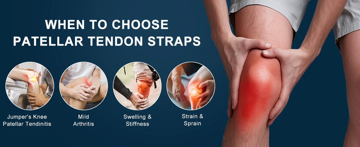 Diagram showing when to choose patellar tendon straps for jumper's knee, mild arthritis, swelling, and strain/sprain.