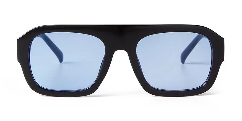 Black vintage oversized square sunglasses with a light blue tint and tortoiseshell accents.