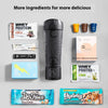 A collection of various powdered ingredients and a bottle of Isy Juice protein powder displayed on a white background.