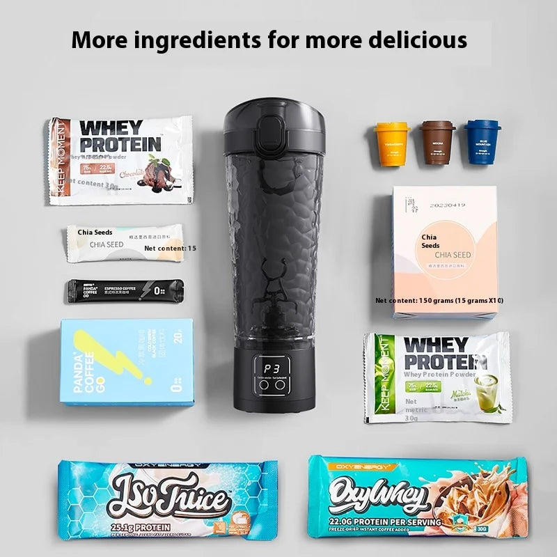 A collection of various powdered ingredients and a bottle of Isy Juice protein powder displayed on a white background.