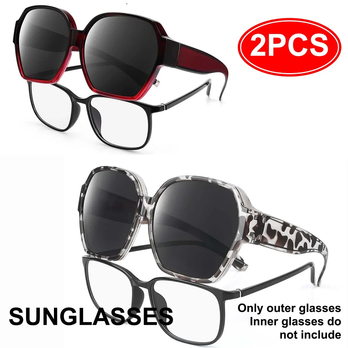 A pair of black sunglasses with red accents and a separate pair of clear-framed glasses are shown.