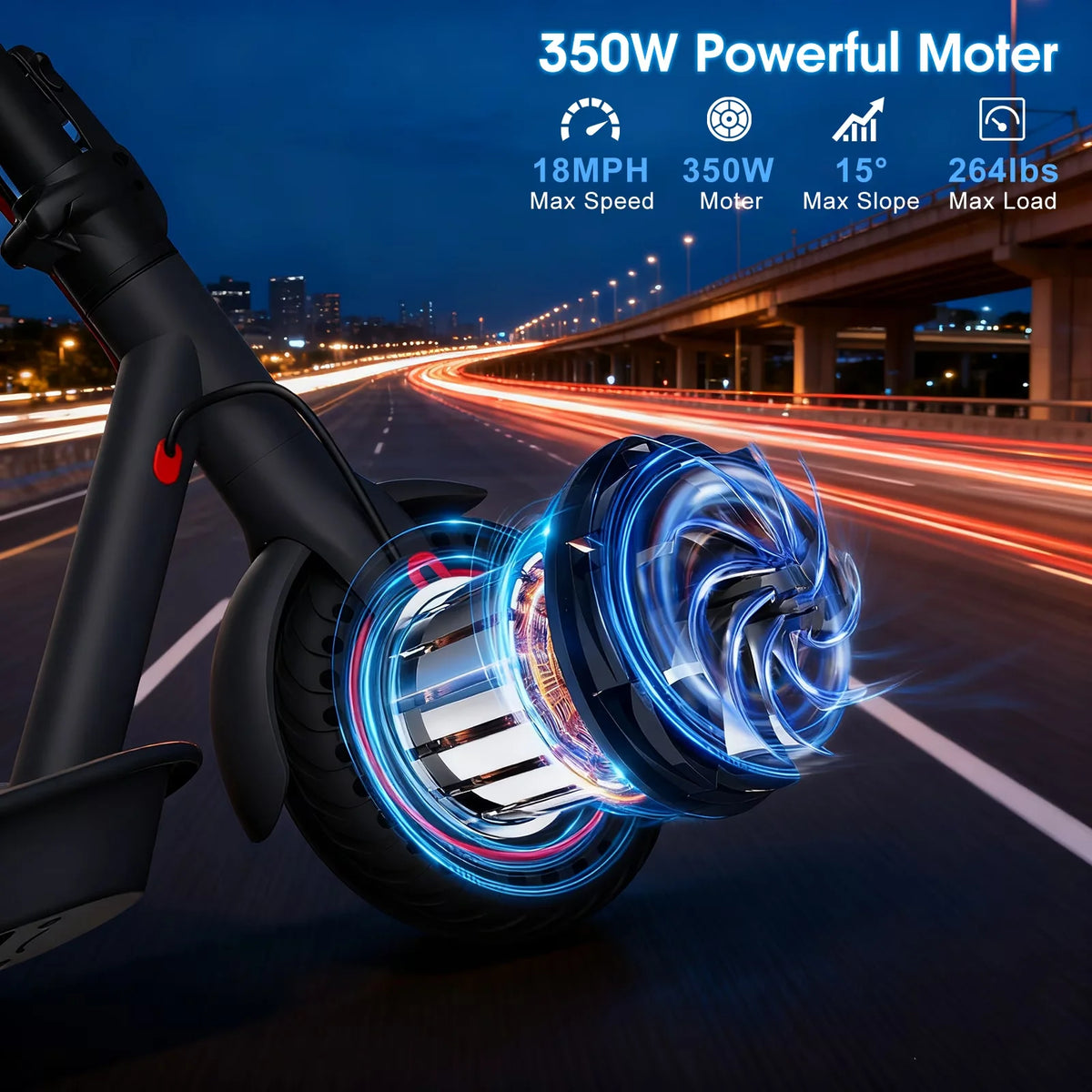 A close-up of a black electric scooter wheel with blue glowing motor components in motion on a road.