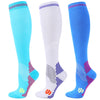 Three pairs of medical grade compression socks in blue and white with red accents shown from the side.