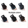 Multiple colors of unisex breathable fingerless sports gloves with wrist support shown from various angles