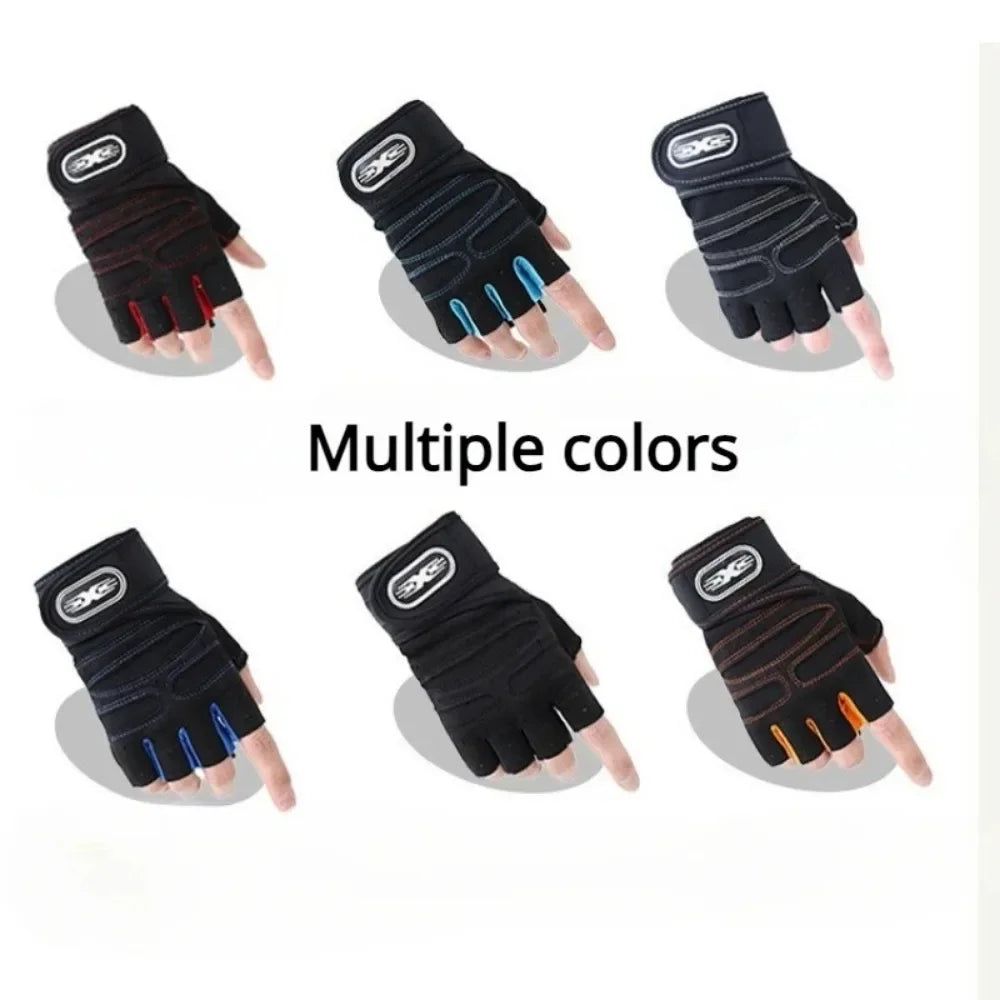 Multiple colors of unisex breathable fingerless sports gloves with wrist support shown from various angles