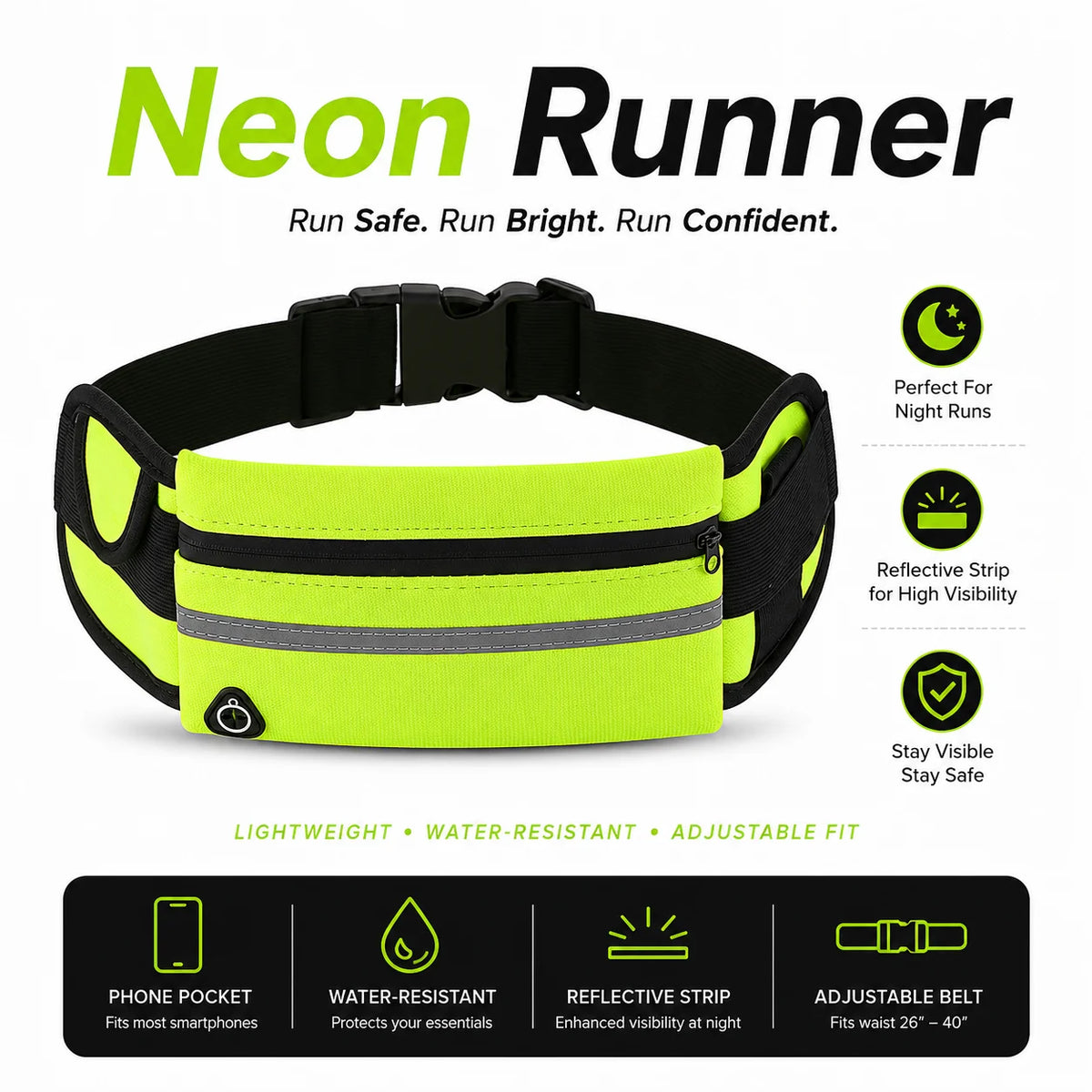 Neon Runner reflective waist pack for night running with adjustable fit and waterproof features