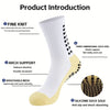 A white and yellow athletic sock is shown with labels detailing features like fine knit, arch support, breathable mesh, and s
