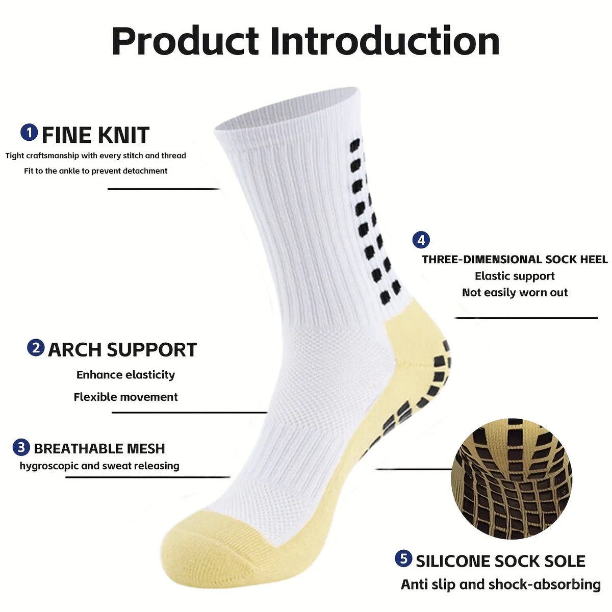 A white and yellow athletic sock is shown with labels detailing features like fine knit, arch support, breathable mesh, and s