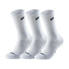 A set of white athletic running socks with arch support, shown standing upright.