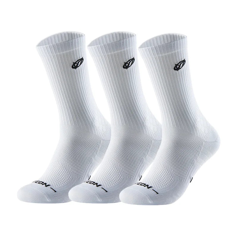 A set of white athletic running socks with arch support, shown standing upright.