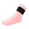 A pink reusable hot and cold therapy sock with a black cuff for ankle pain relief.
