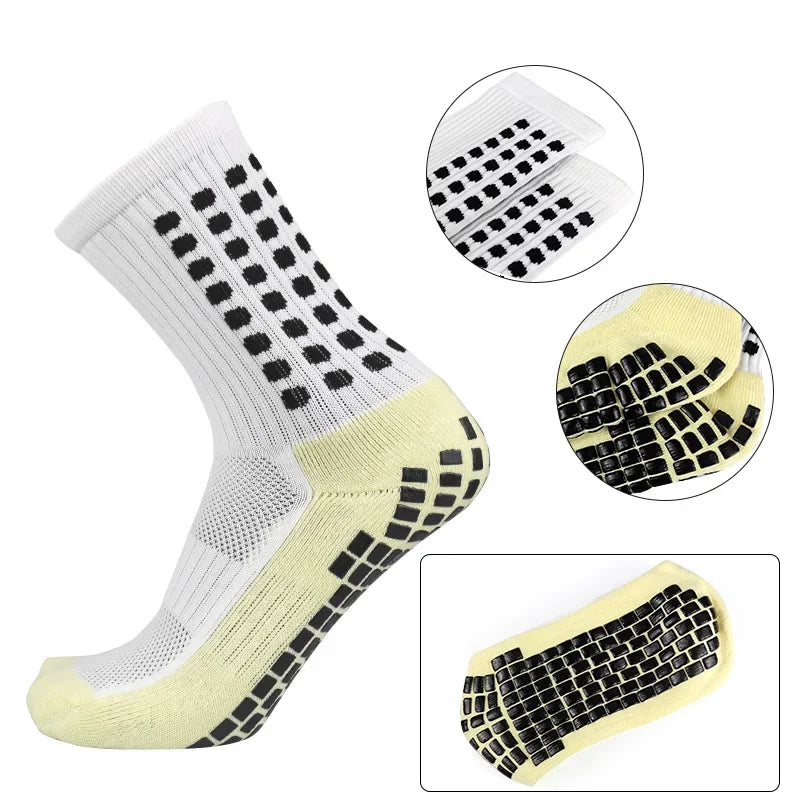 A set of white and black football training socks and shin guards shown in various views.
